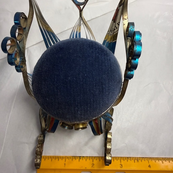 Vintage 1970 Recycled MINI Tin Can Art Blue Velvet Pin Cushion Rocking Chair - Picture 9 of 14